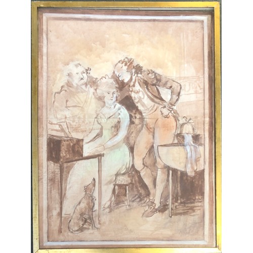 1080 - Early 20th century watercolour, two gent's and a lady at the piano, with a seated dog, 75x55cm