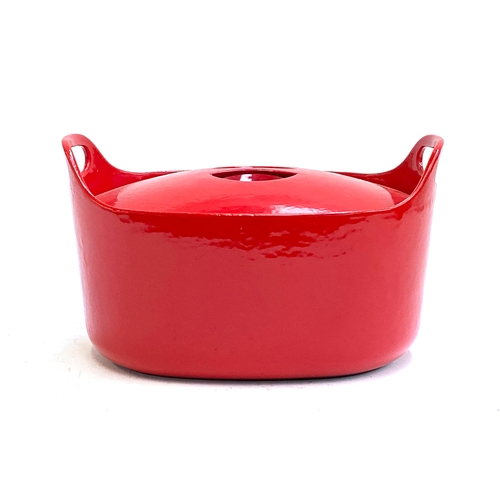 500 - A Timo Sarpaneva Rosenlew red cast iron enamel casserole pot, marked to base, 29.5cmW