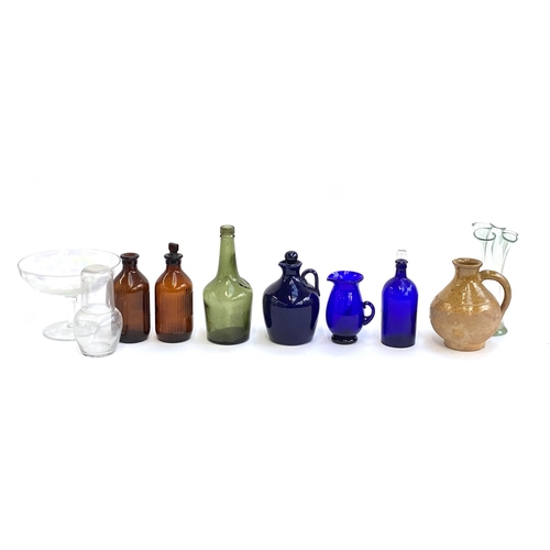 172 - A mixed lot to include vintage coloured glass bottles, Bristol blue glass jug, lustre glass, stonewa... 