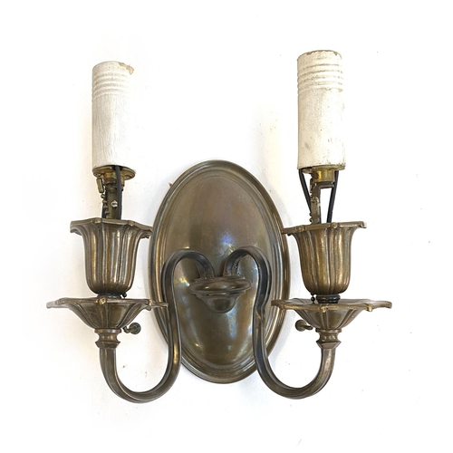 595 - A set of six twin arm wall sconces with oval back plate, with individual switches, each approx. 24cm... 