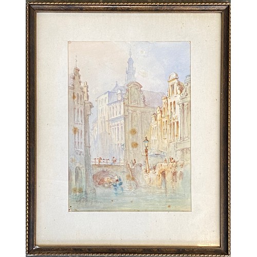 916 - A small late 19th/early 20th century watercolour of a continental street scene, signed indistinctly ... 