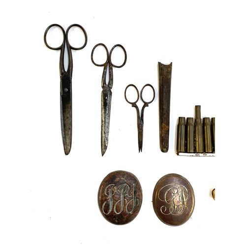 321 - A mixed lot of metal items to include steel scissors, one pair with sheath stamped A & N, Handy M.P ... 