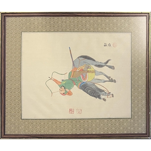 958 - A Chinese painting on silk of an archer on horseback, 32x26cm