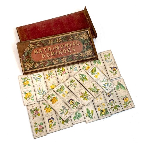 571 - A rare late 19th/early 20th century Jaques & Son 'Matrimonial Dominoes' game, box af, with 21 domino... 