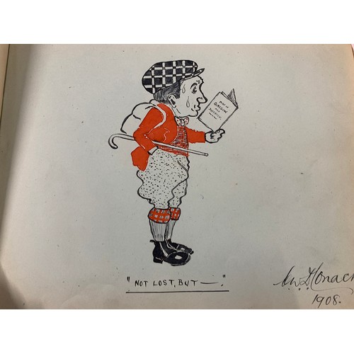 551 - An early 20th century postcard album containing a quantity of watercolours and caricatures, some pho... 