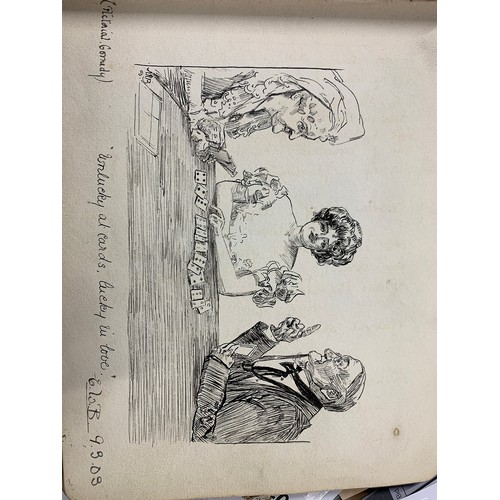 551 - An early 20th century postcard album containing a quantity of watercolours and caricatures, some pho... 