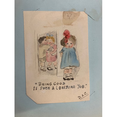 551 - An early 20th century postcard album containing a quantity of watercolours and caricatures, some pho... 