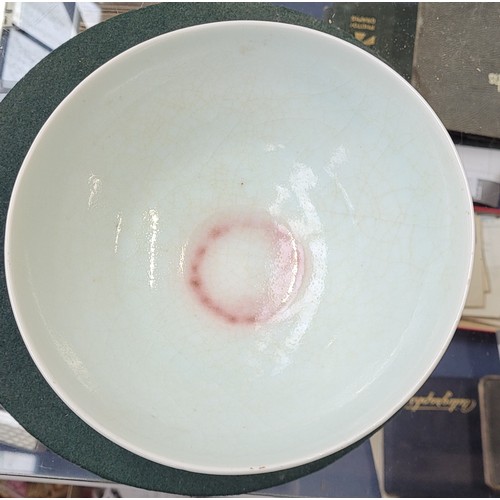 187 - A studio pottery celadon crackle glaze bowl, stamped E to base, 20cmD