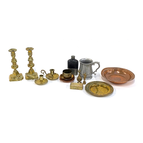 163 - A mixed lot of metal items to include brass snuff box, a pair of ejector candlesticks, hip flask, Ar... 