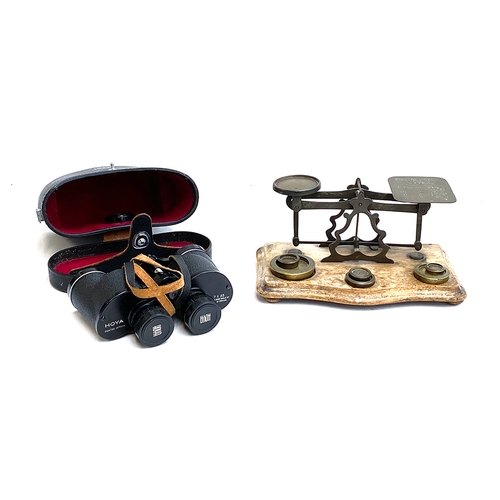 167 - A set of antique postage scales, with weights; together with a pair of vintage Hoya 7x35 binoculars ... 