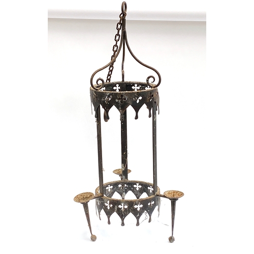 1095 - A tall wrought iron hanging lantern, with quatrefoil cutouts, 90cmH