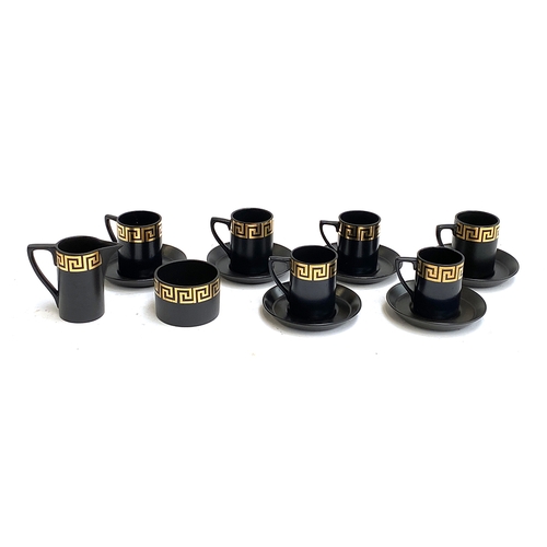 135 - A set of six Portmeirion greek key pattern coffee cups and saucers, with milk jug and sugar bowl