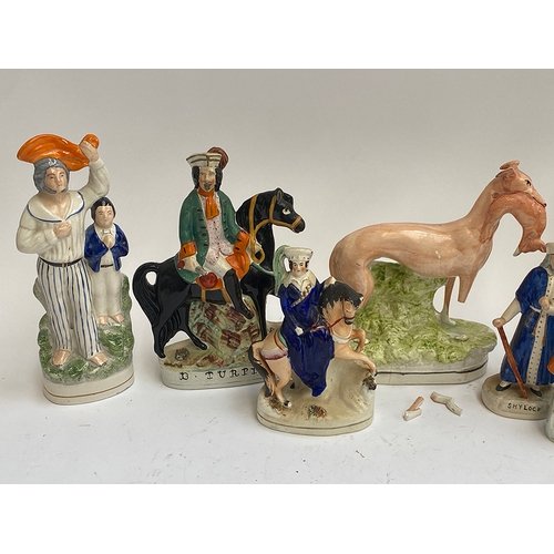 138 - A lot of Staffordshire flatback figures to include Shylock, Wesley, Dick Turpin, greyhound (AF), the... 