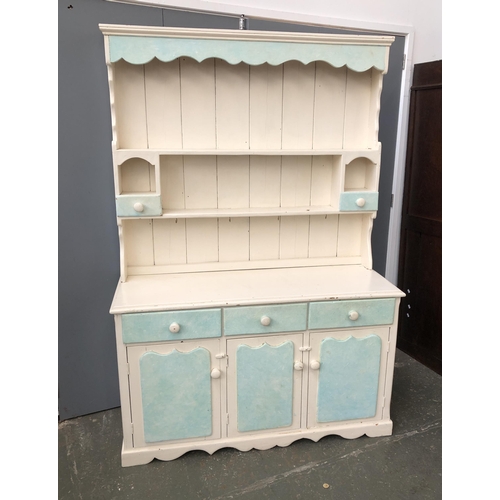 1092 - A white and pale blue painted kitchen dresser, 130x50x192cmH