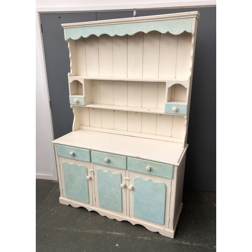 1092 - A white and pale blue painted kitchen dresser, 130x50x192cmH