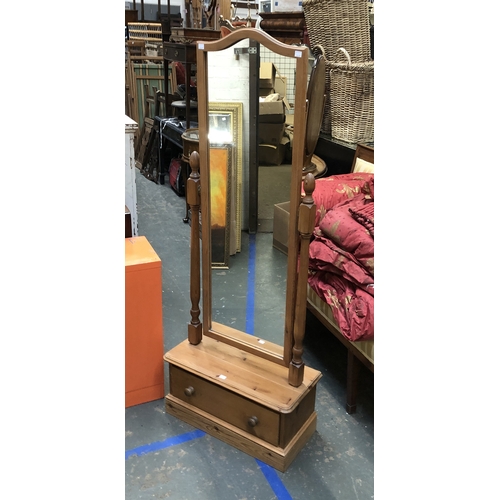 1044 - A pine cheval mirror with draw below, 156cmH