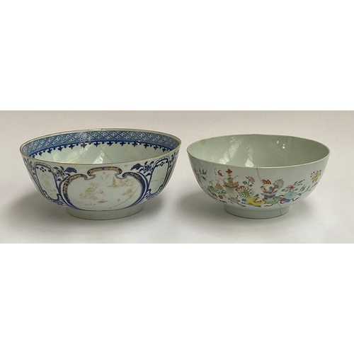 78 - Two Chinese bowls (af), one blue and white with worn clobbered decoration, the other decorated with ... 