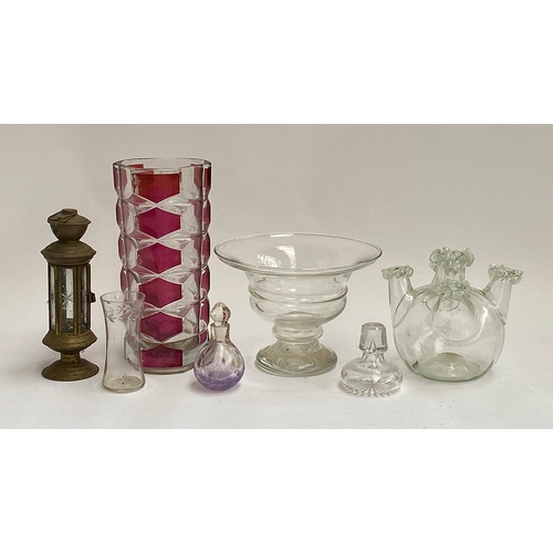 97 - A mixed lot of glass to include vase; lantern with engraved glass (af) etc