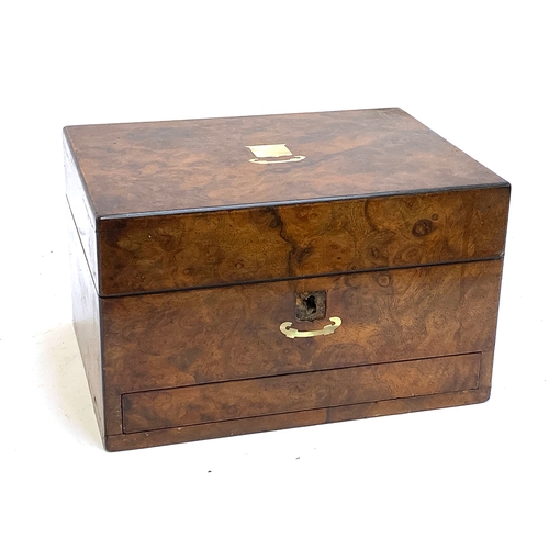 208 - A 19th century burr walnut jewellery box, with mother of pearl inlay (inlay around keyhole missing),... 