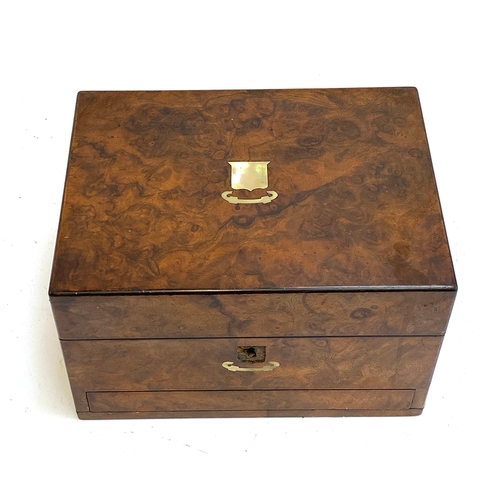 208 - A 19th century burr walnut jewellery box, with mother of pearl inlay (inlay around keyhole missing),... 