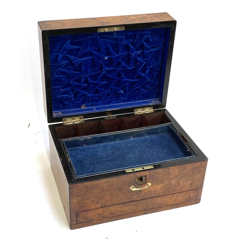 208 - A 19th century burr walnut jewellery box, with mother of pearl inlay (inlay around keyhole missing),... 