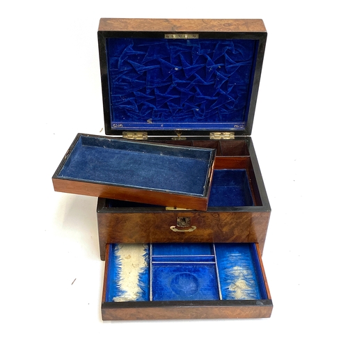 208 - A 19th century burr walnut jewellery box, with mother of pearl inlay (inlay around keyhole missing),... 