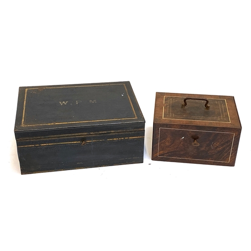 209 - A toleware strongbox, 24cmW, together with a painted metal deed box, monogrammed W.P.M, 35.5cmW