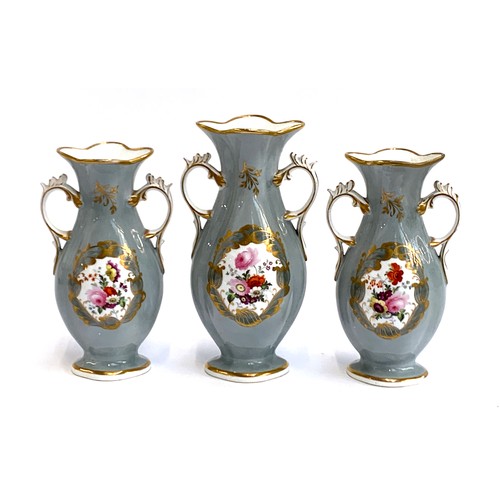 62 - A set of three late 19th/early 20th century twin handled vases, grey ground with central hand painte... 