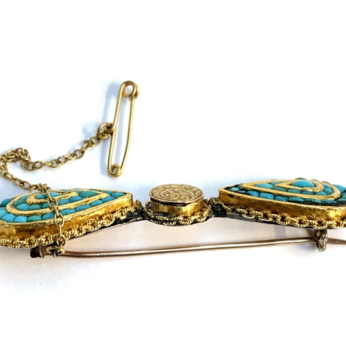 25 - A late Victorian gold and turquoise bow form brooch, comprised of earlier components, tests as 18ct ... 