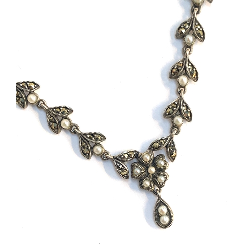 28 - A 925 silver, marcasite and seed pearl necklace, hallmarked DK, Birmingham, 47cmL unclasped, 21g