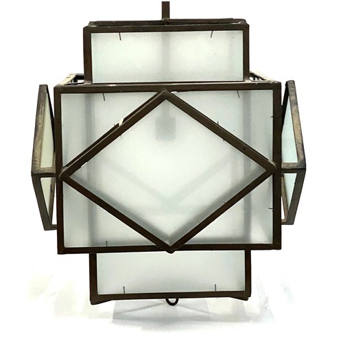 1100 - Interior design interest: a wrought metal and frosted glass Art Deco style geometric hanging lantern... 