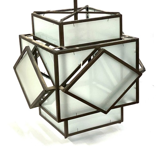 1100 - Interior design interest: a wrought metal and frosted glass Art Deco style geometric hanging lantern... 