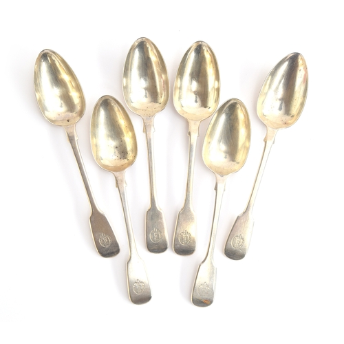 47 - A set of six crested fiddle pattern dessert spoons by William Theobalds & Robert Metcalfe Atkinson, ... 