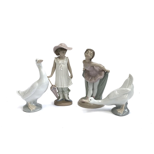 117 - Four Nao by Lladro figures, comprising two white geese, girl with umbrella, no. 1126, and ballerina,... 