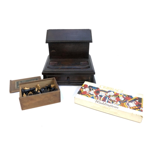 232 - A turned wooden Jacques (J.J. & Son Ltd London) chess set, boxed; cribbage set; and an oak writing b... 