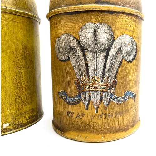 267 - A pair of toleware canisters, both crested, one with fleur de lis and 'By Appointment', the other be... 