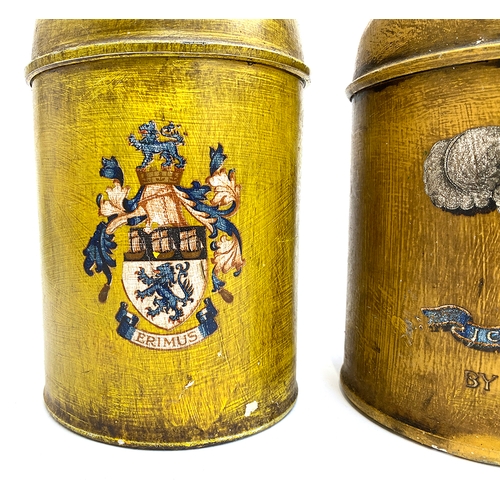 267 - A pair of toleware canisters, both crested, one with fleur de lis and 'By Appointment', the other be... 