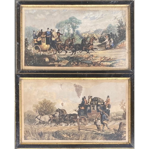 638 - A set of four coloured engravings of coaching scenes, 34x59cm