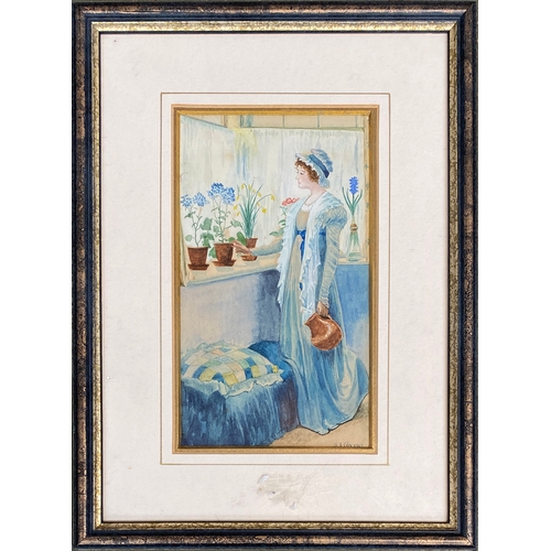 665 - A. E Lile, early 20th century watercolour of a lady with a jug and flowers, signed and dated 1917, 1... 