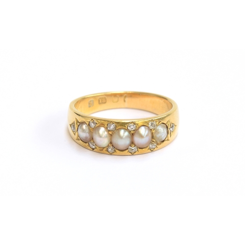 3 - A Victorian 18ct gold ring set with split pearls and diamonds, size L 1/2, 4.7g