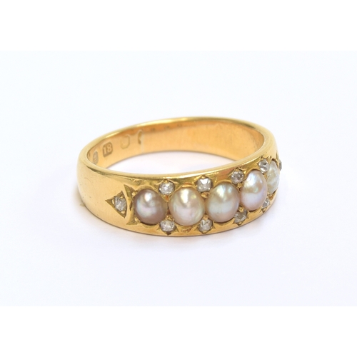 3 - A Victorian 18ct gold ring set with split pearls and diamonds, size L 1/2, 4.7g