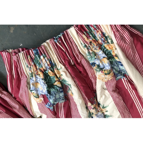 877 - Two pairs of curtains, lined and interlined, in a striped floral print; one pair approx 180cm drop a... 