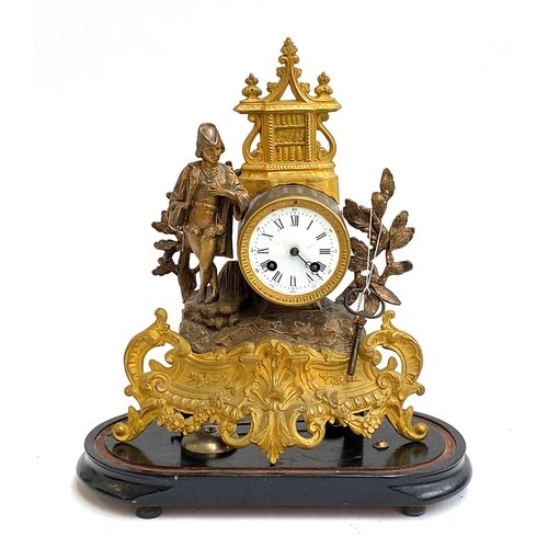 107 - An early 20th century French gilt metal figural mantel clock, enamel dial with Roman numerals, with ... 