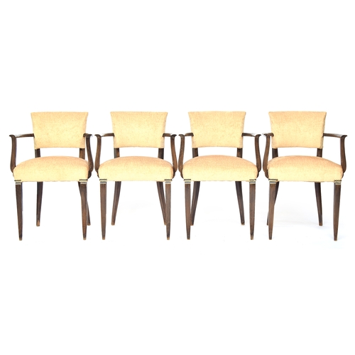 725 - A set of four French Art Deco style Bridge elbow chairs, stained wooden frames, tapered open upholst... 