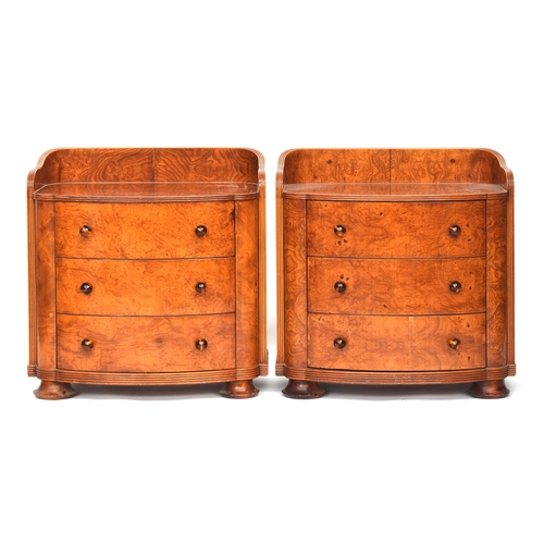 727 - A pair Austrian birch veneer bowfront bedside cabinets, c.1935, three quarter gallery back, over thr... 