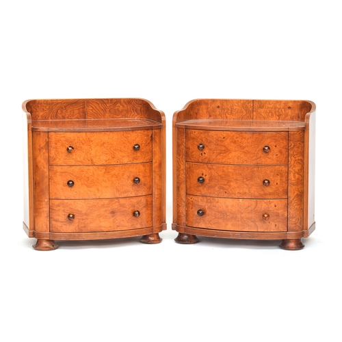 727 - A pair Austrian birch veneer bowfront bedside cabinets, c.1935, three quarter gallery back, over thr... 