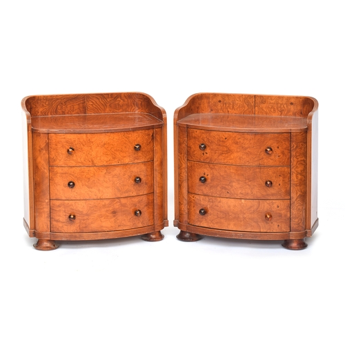 727 - A pair Austrian birch veneer bowfront bedside cabinets, c.1935, three quarter gallery back, over thr... 