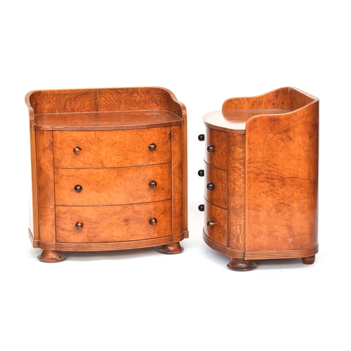 727 - A pair Austrian birch veneer bowfront bedside cabinets, c.1935, three quarter gallery back, over thr... 