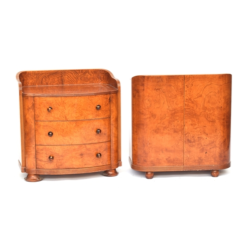 727 - A pair Austrian birch veneer bowfront bedside cabinets, c.1935, three quarter gallery back, over thr... 