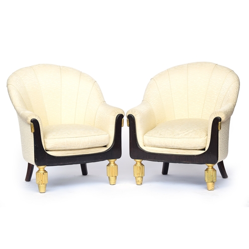 728 - A pair of French Art Deco bergere armchairs, designed by Andre Groult, c.1925, scallop upholstered a... 